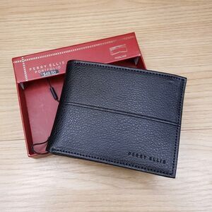 PERRY ELLIS Mens Wallet Black Leather Bifold Passcase RFID